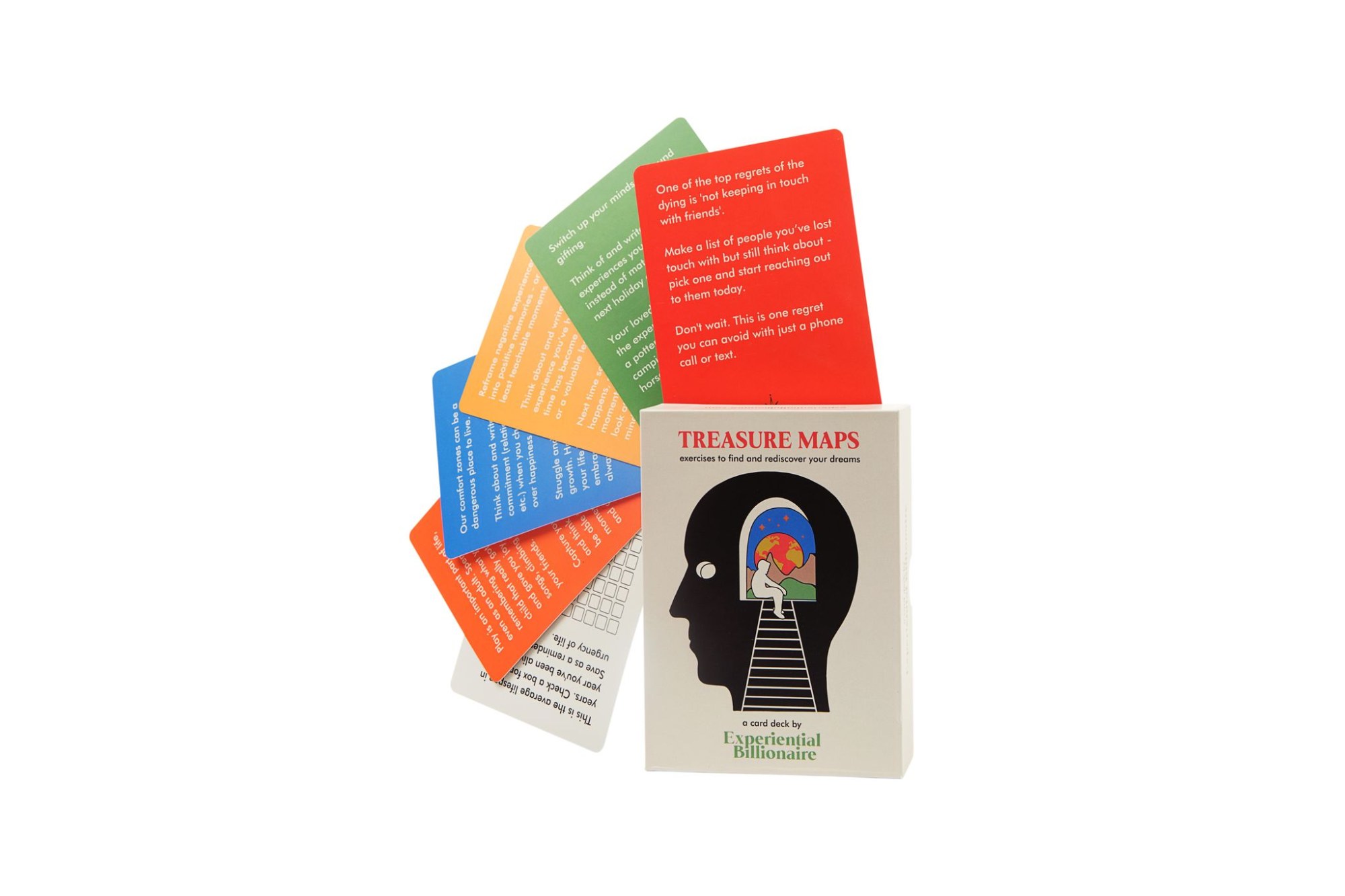 Treasure Maps card deck on a desk with exercise cards, notepad and pen