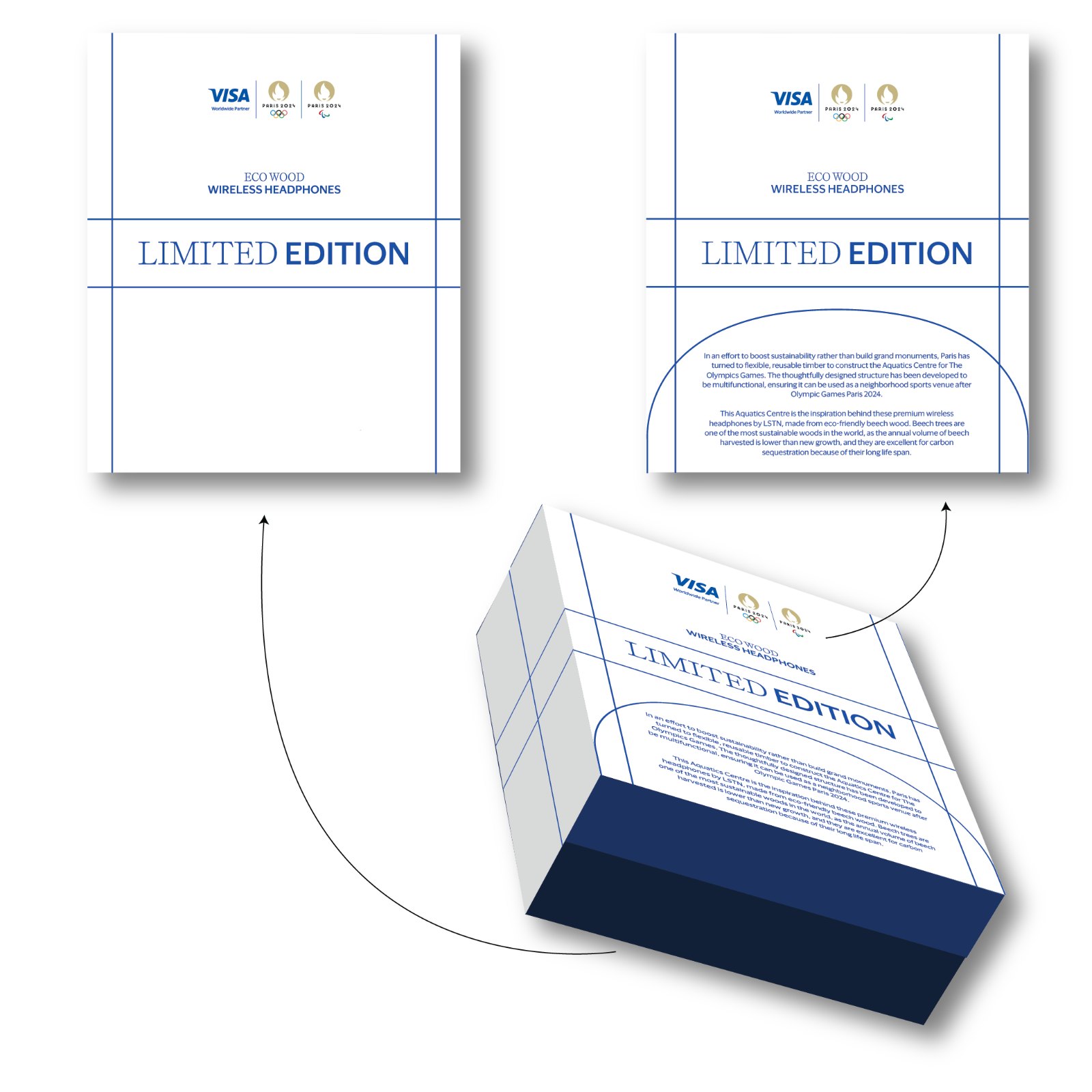 Limited edition LSTN eco wood headphones packaging for VISA at the Paris 2024 Olympics